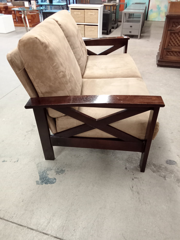 60"W Beige Suede-Style Loveseat Sofa with Wooden Frame