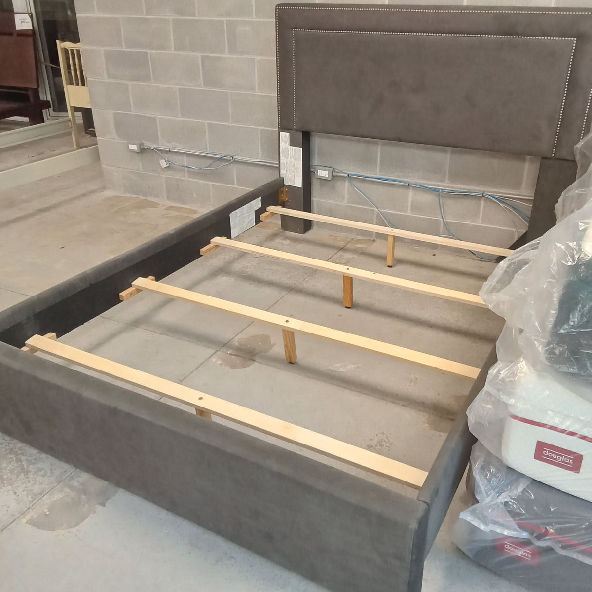 64"W Queen Sized Bed Frame in Gray Velour