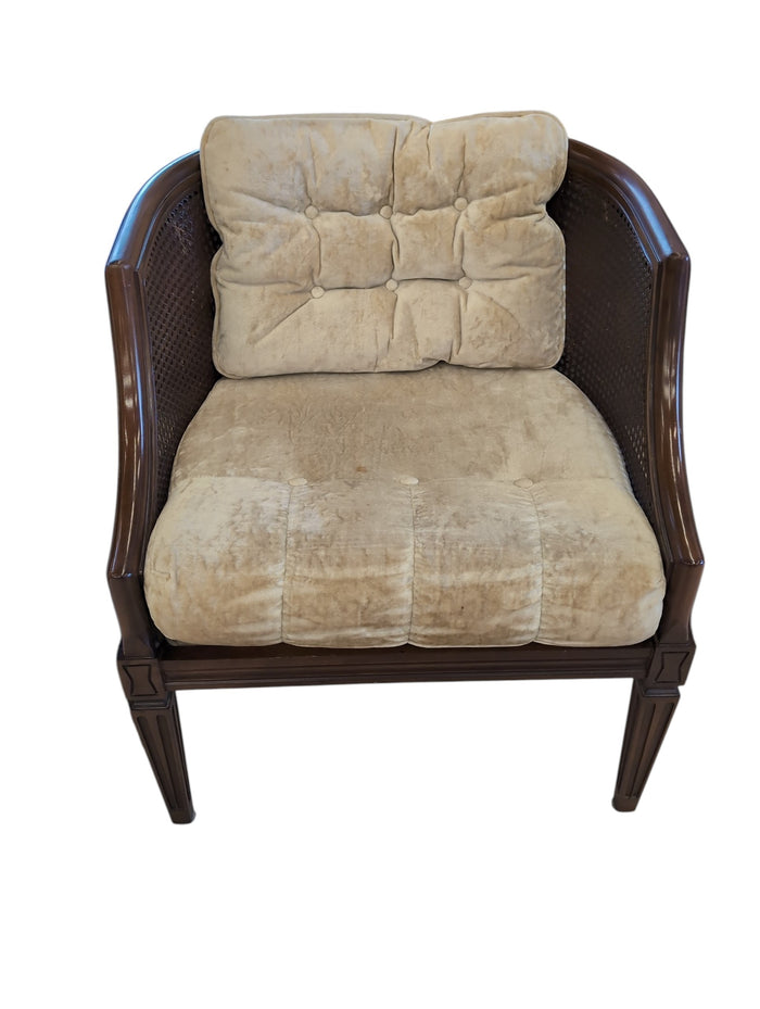 Vintage Cane‑Side Armchair with Tufted Cushions