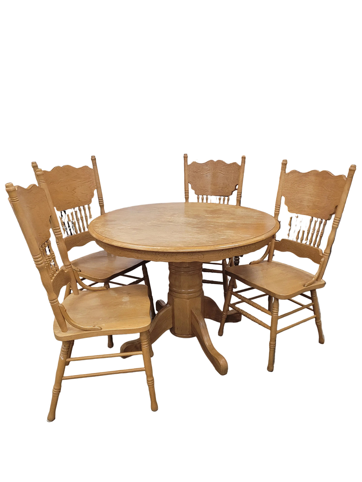 Round Pedestal Light Oak Table W/ Pressed Back Oak Chairs