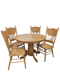 Round Pedestal Light Oak Table W/ Pressed Back Oak Chairs