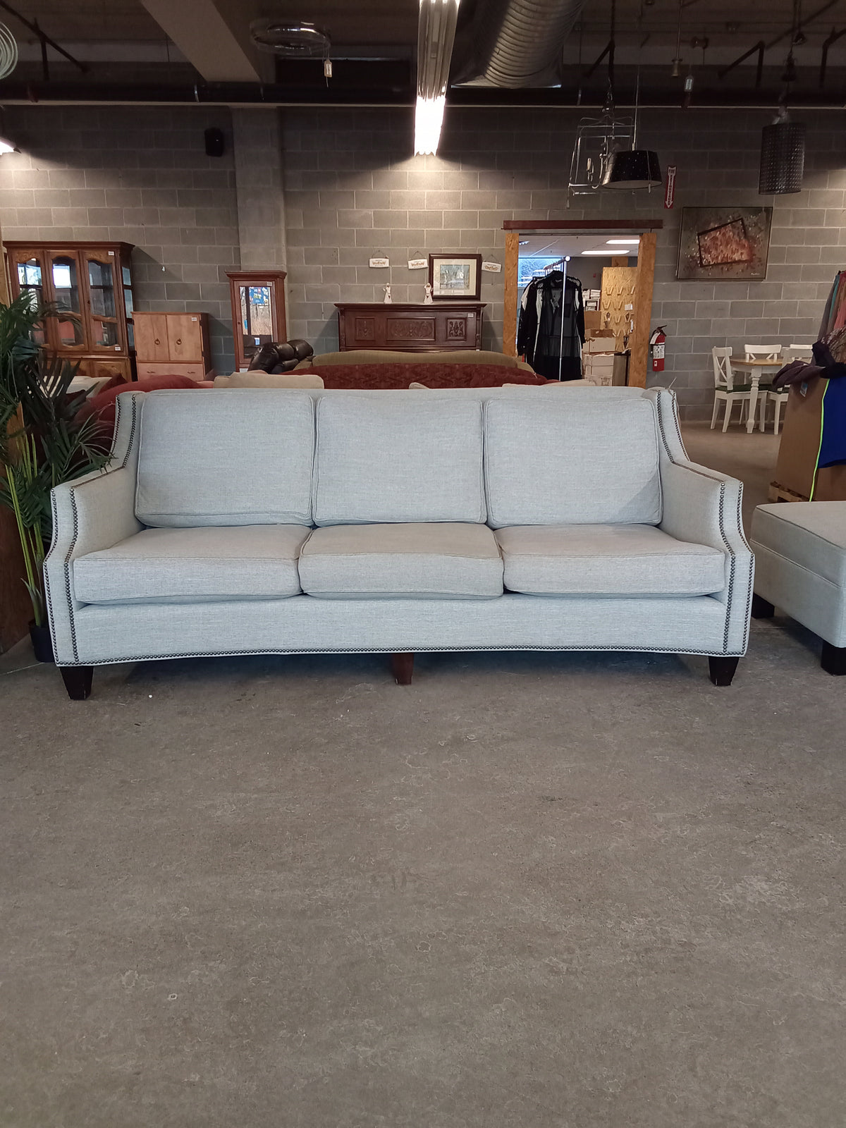 86"W Grey Fabric Sofa with Ottoman