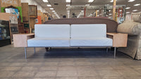 White Leather Couch With Wooden Arms