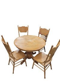 Round Pedestal Light Oak Table W/ Pressed Back Oak Chairs