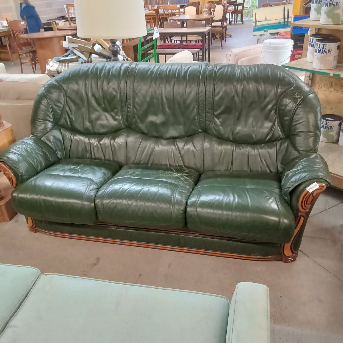 80"W 3-Seat Sofa in Green Faux Leather