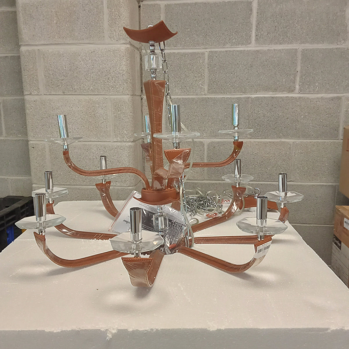 31"Diameter 12 Light Chrome and Brown Leather Chandelier