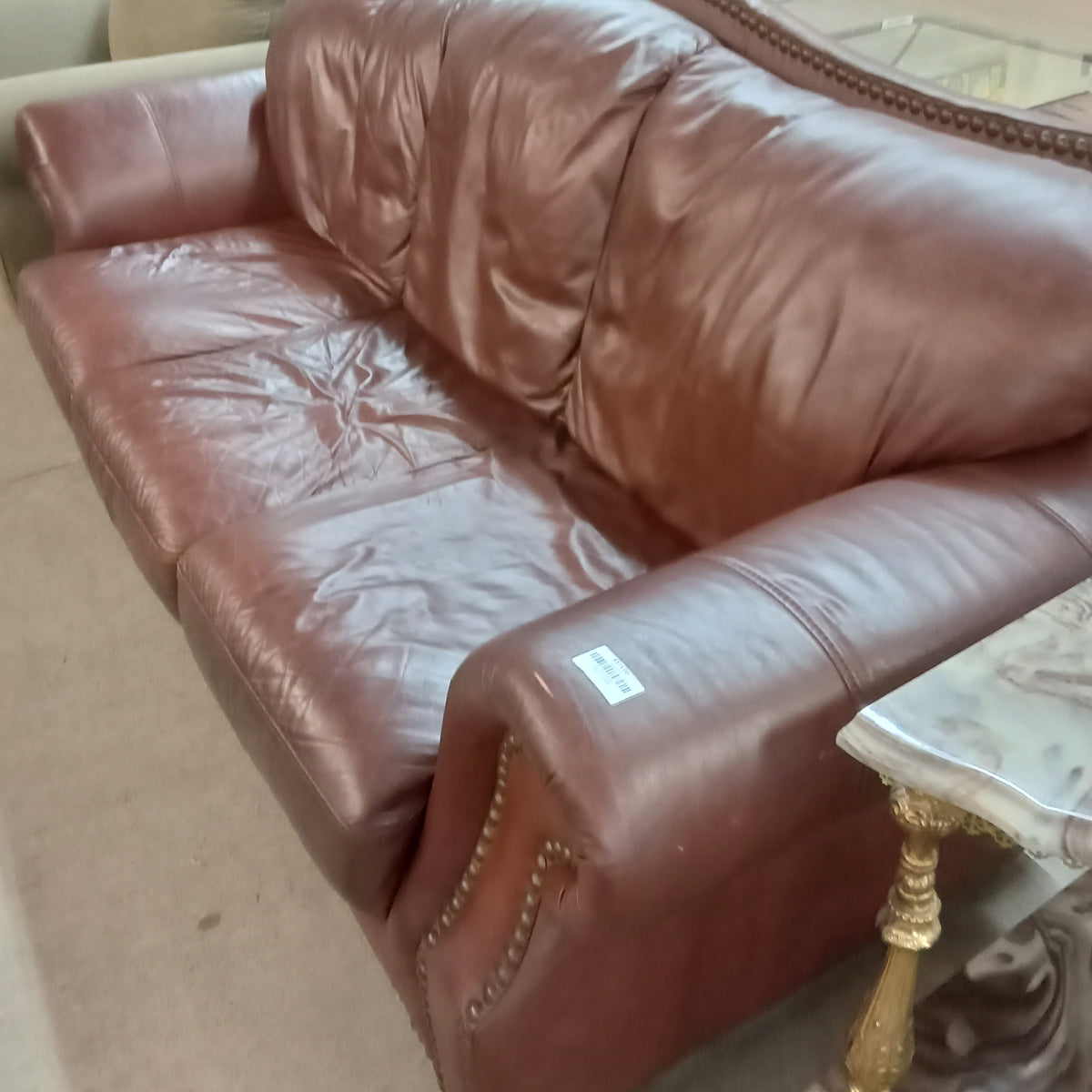 90"W Brown Leather 3-Seat Sofa