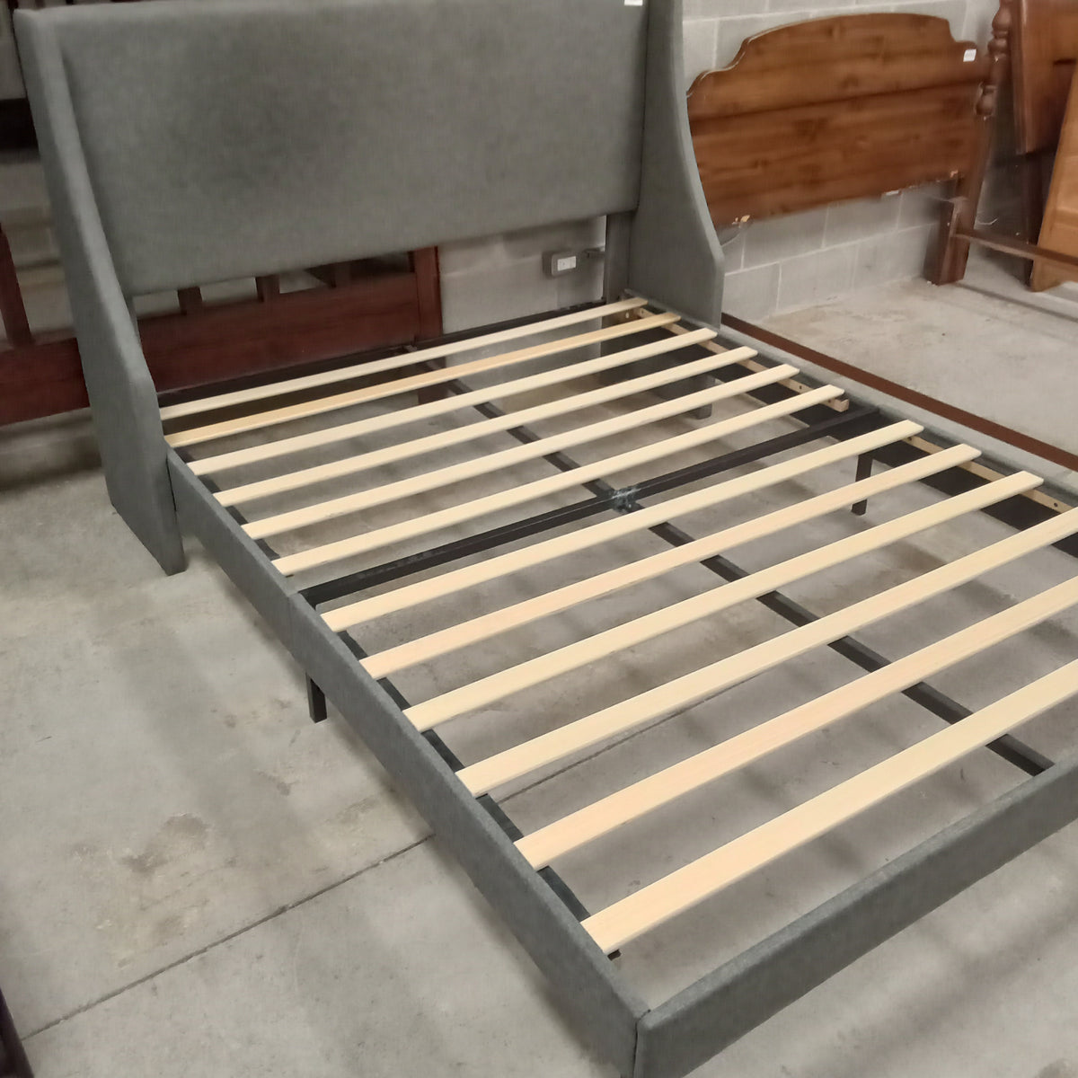 60"W Bed Frame with Gray Fabric Headboard - Queen