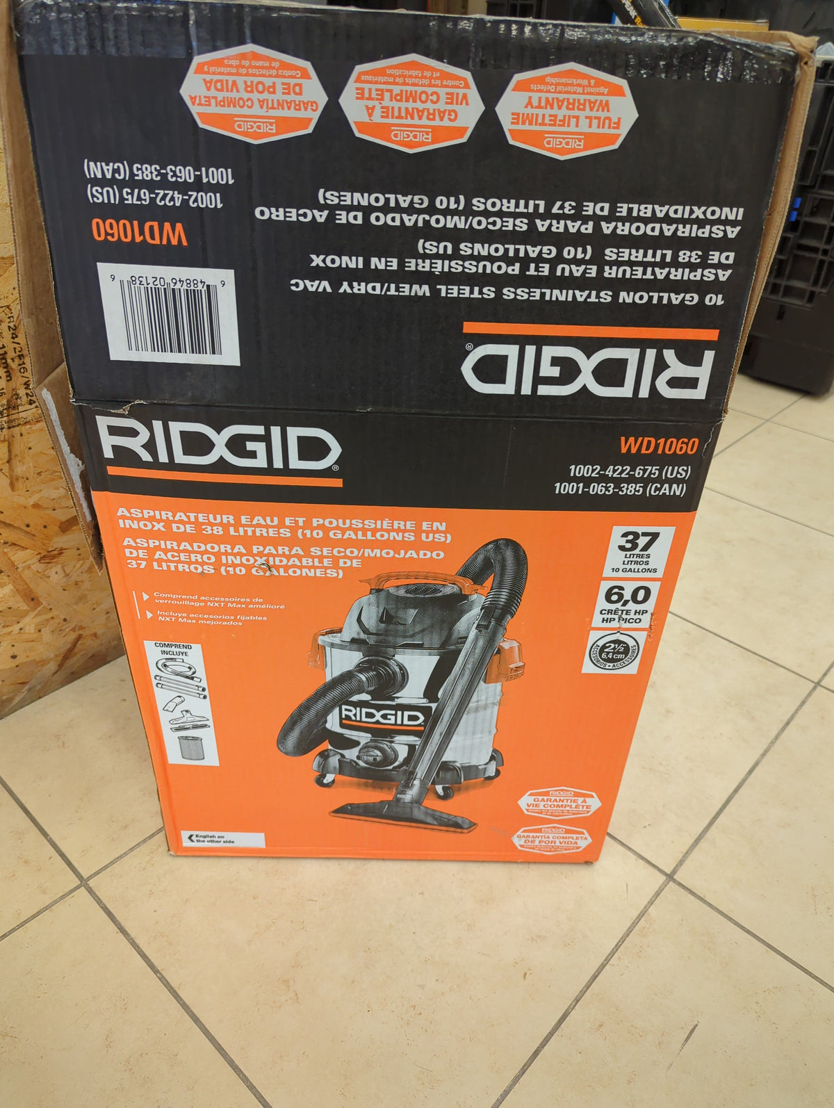 RIDGID 37.5L (10 Gal.) 6.0 Peak HP Stainless Steel Wet Dry Shop Vacuum with Filter, Hose and Accessories