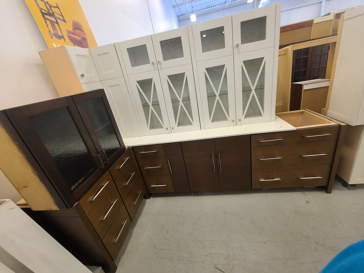 Set of 9 White and Brown Kitchen Cabinets