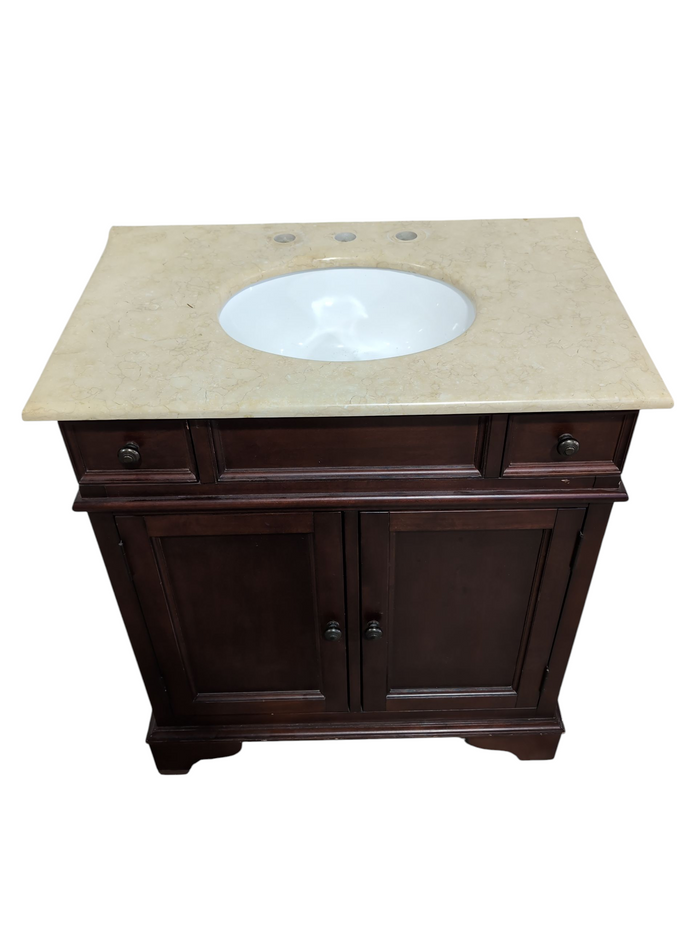 Brown Wooden Bathroom Vanity w/ Marble Top