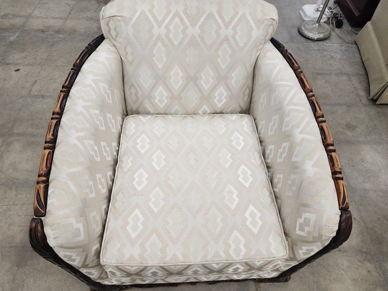 Beige Upholstered Armchair with Wood Carved Accents