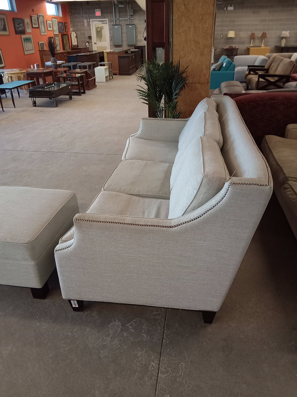 86"W Grey Fabric Sofa with Ottoman