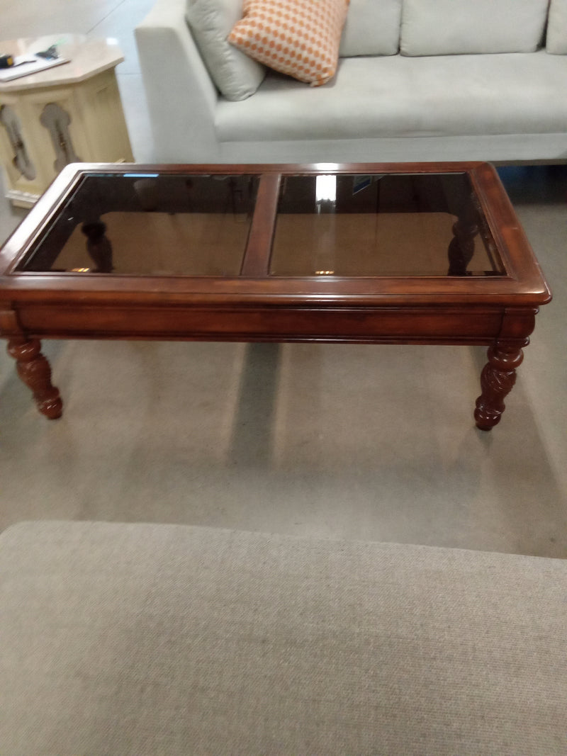 52"W Wooden Coffee Table with Glass Top