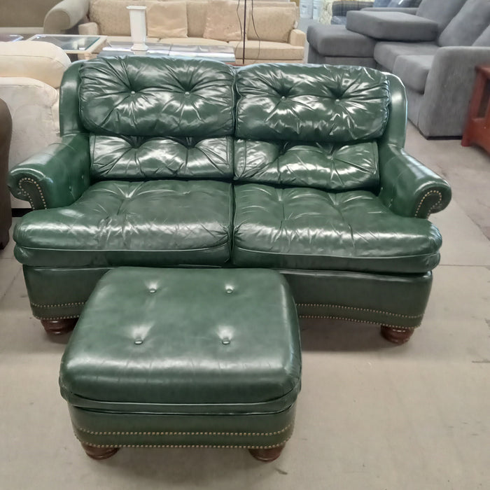 60"W Love Seat in Green Leather with Ottoman