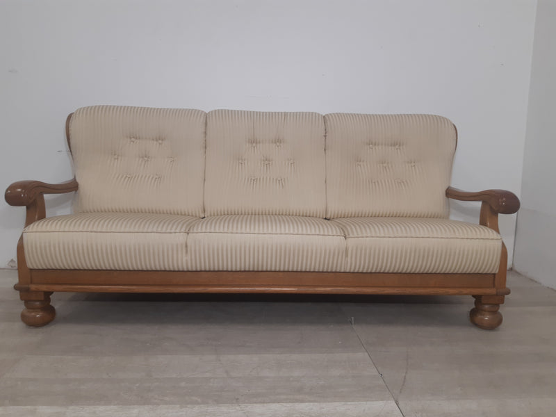 78" Beige 3 Seat Sofa with Wood Accents