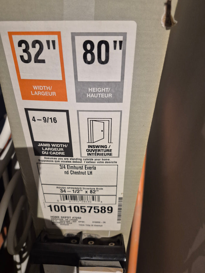 32" x 80" x 4-9/16-inch Chestnut 3/4 Lite Elmhurst Single Fibreglass Prehung Front Door LH