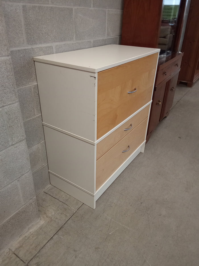33"W White and Faux Wood Office Filing Cabinet