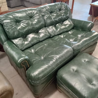 60"W Love Seat in Green Leather with Ottoman