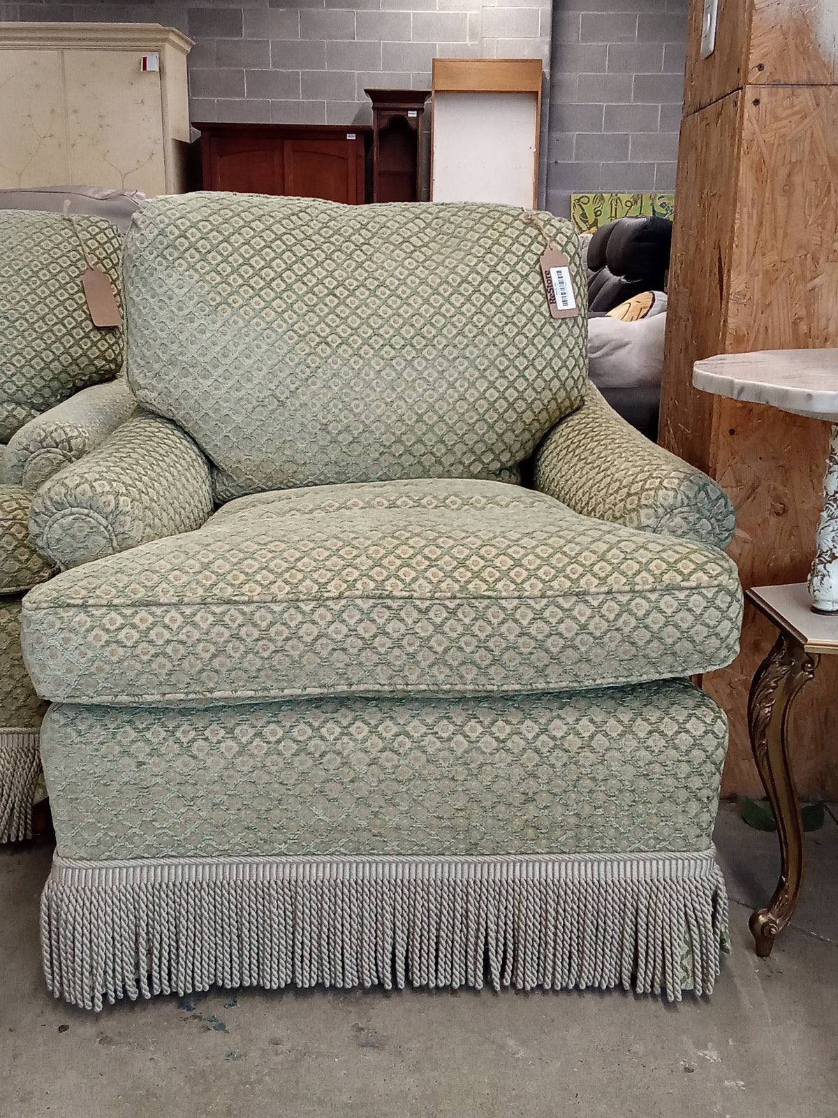 27"W Green Patterned Fabric Armchair