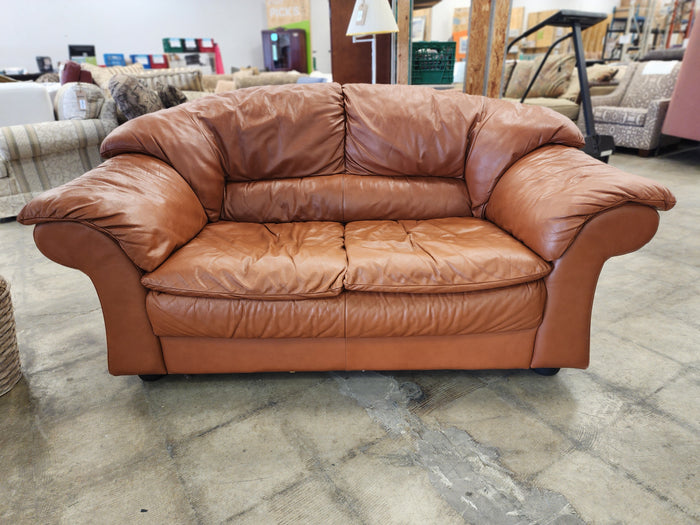 Plush Cognac Faux Leather Loveseat
