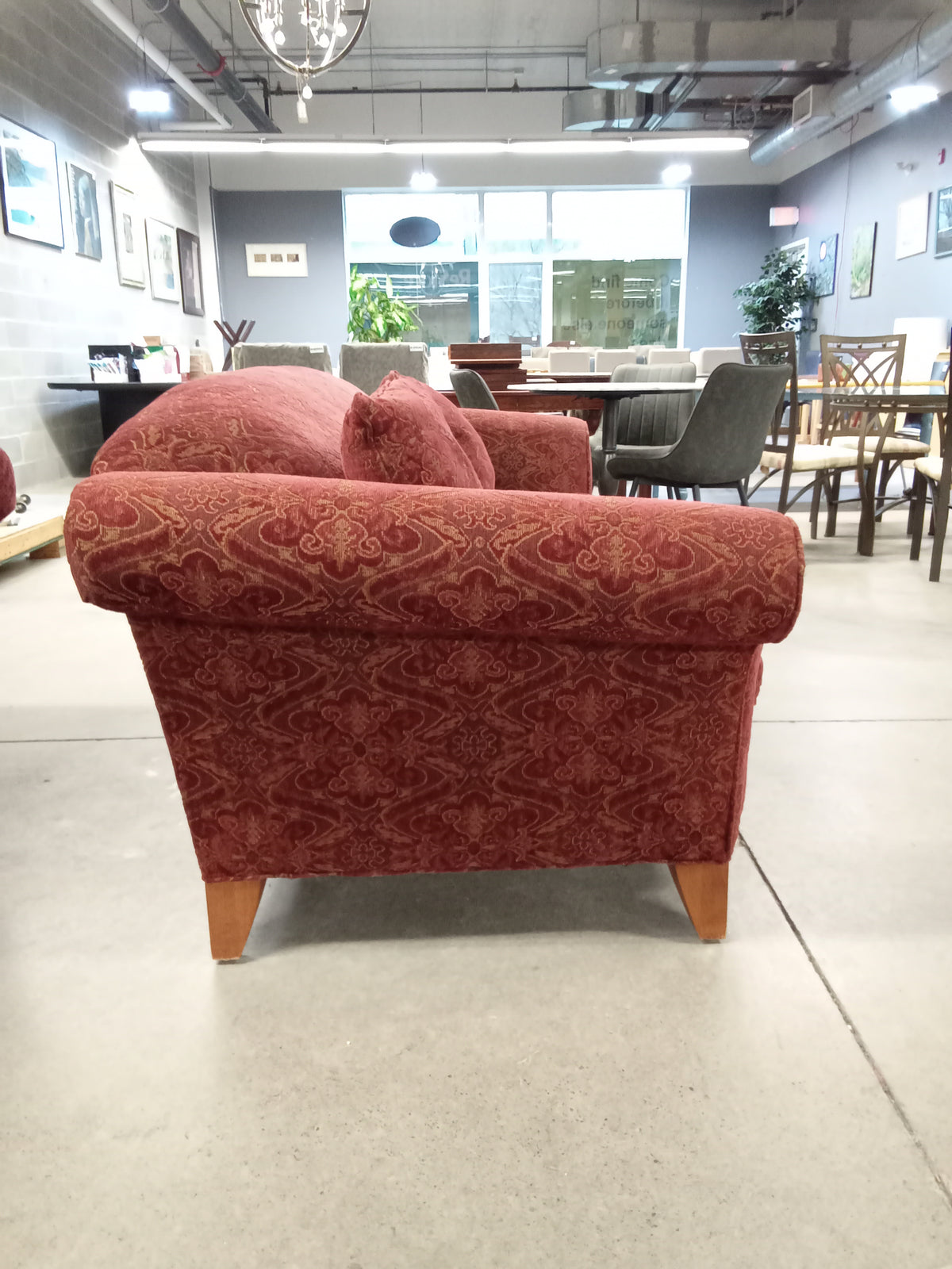 88"W Red Patterned Corduroy Sofa