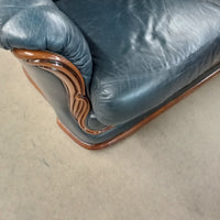 Navy Blue Leather 3-Seat Sofa W/Curved Wood Trim #FC3