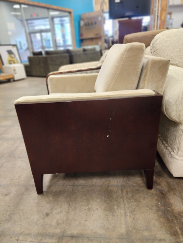 Modern Beige Armchair with Dark Wood Frame