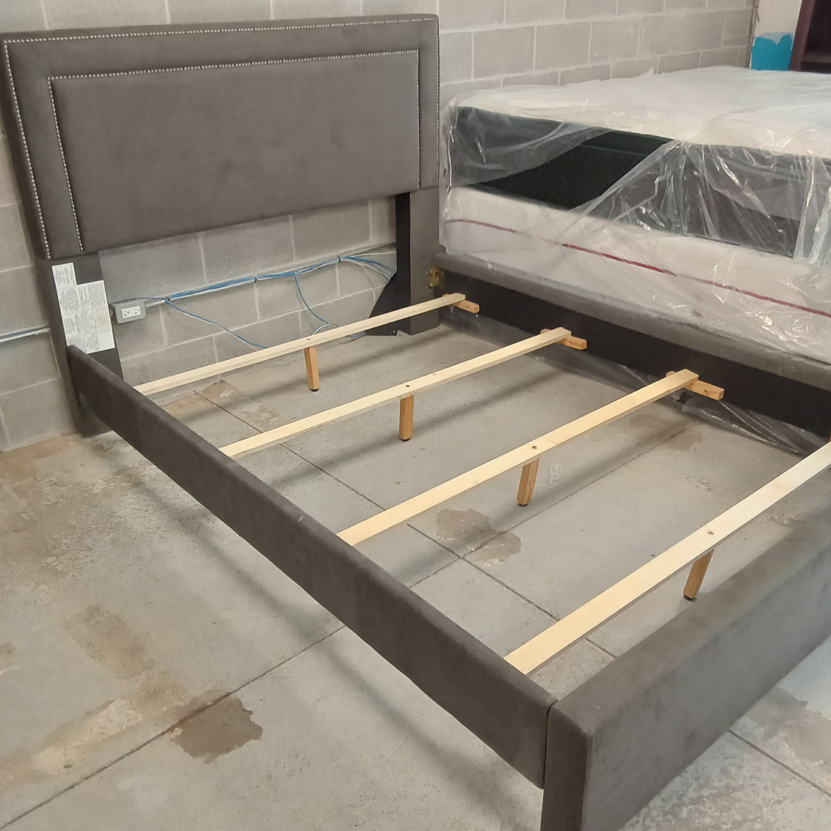 64"W Queen Sized Bed Frame in Gray Velour