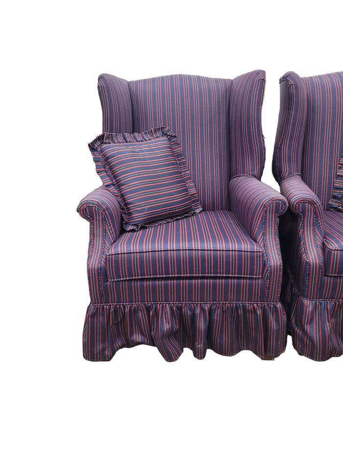 Navy And Red Pinstriped Wingback Chairs