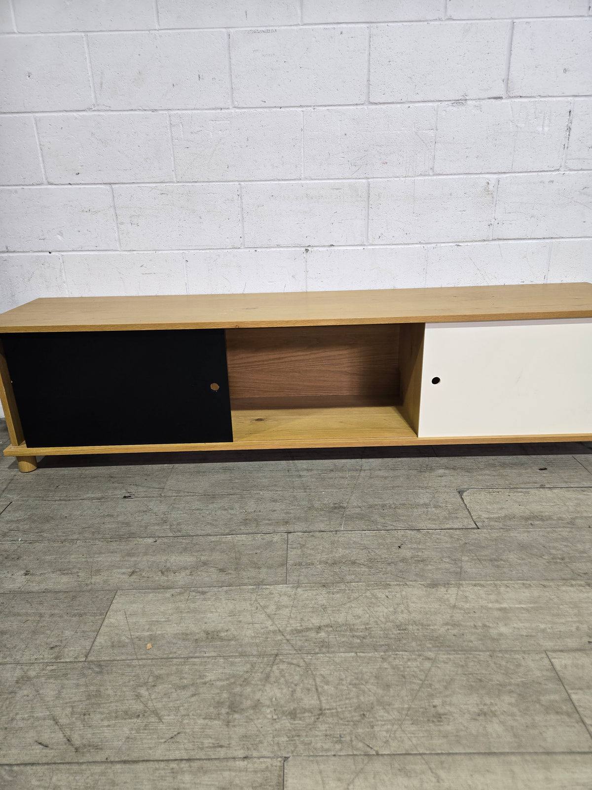Low Profile TV Console in Oak With Sliding Black & White Doors
