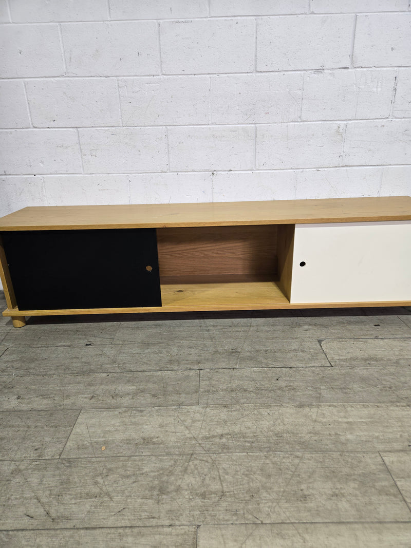 Low Profile TV Console in Oak With Sliding Black & White Doors