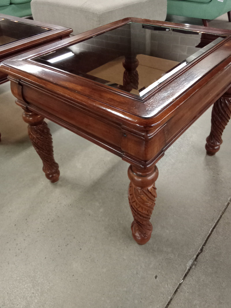 28"W Wooden Side Table with Glass Top