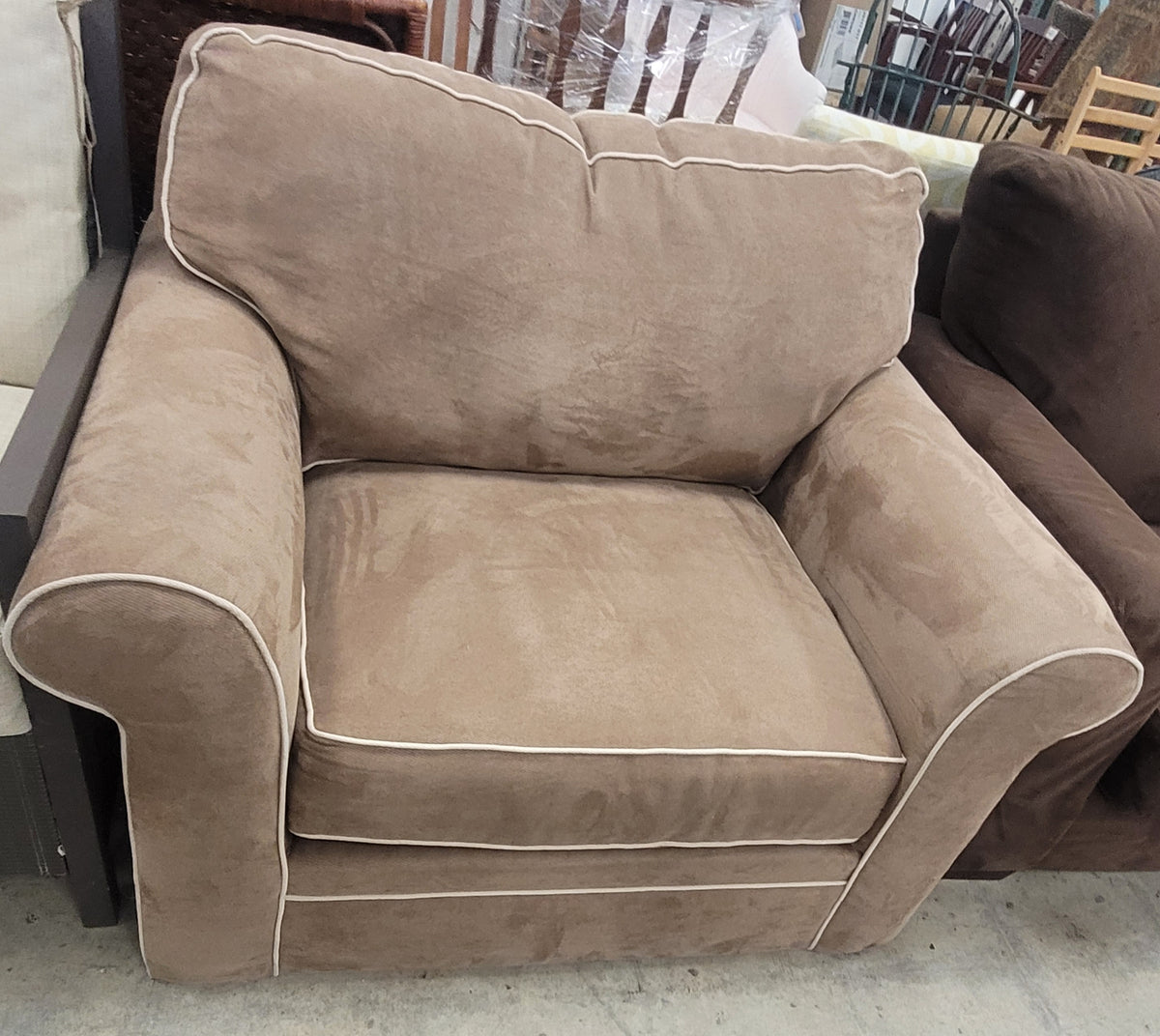 Light Brown Club Chair With Cream Piping
