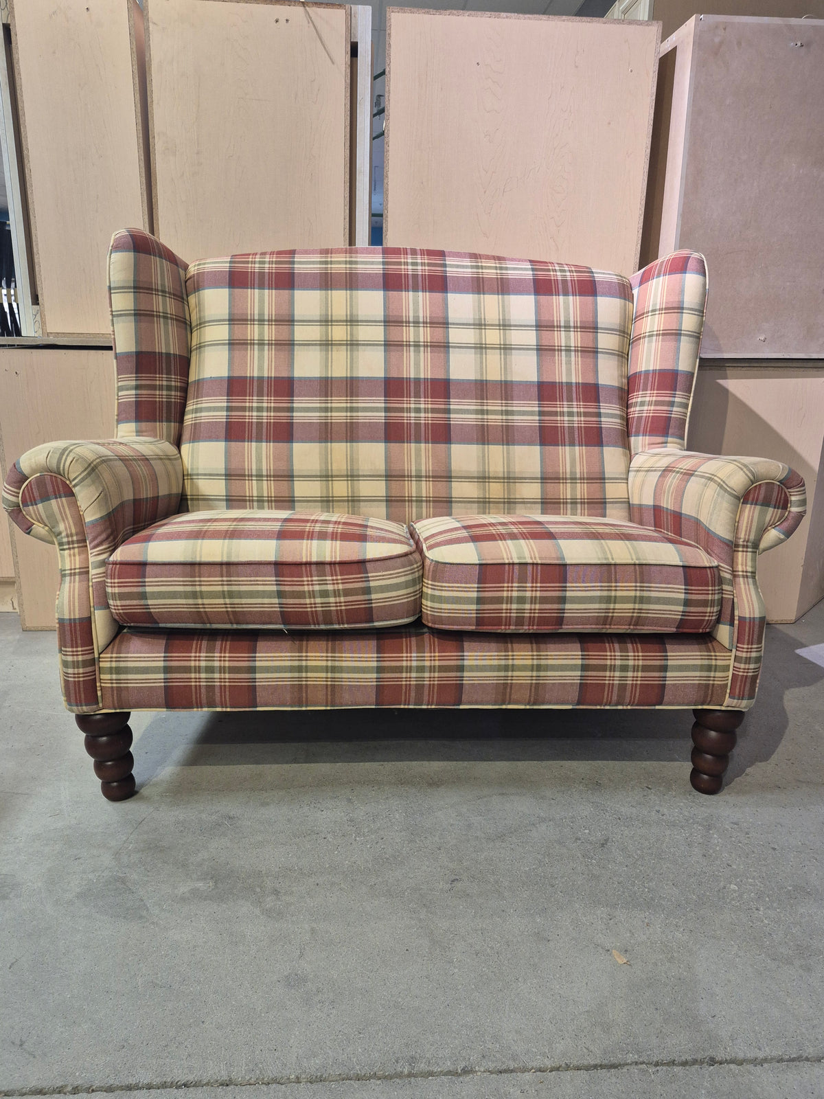 Tartan Upholstered Loveseat and Ottoman
