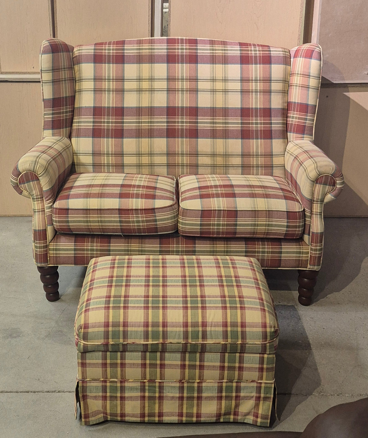 Tartan Upholstered Loveseat and Ottoman