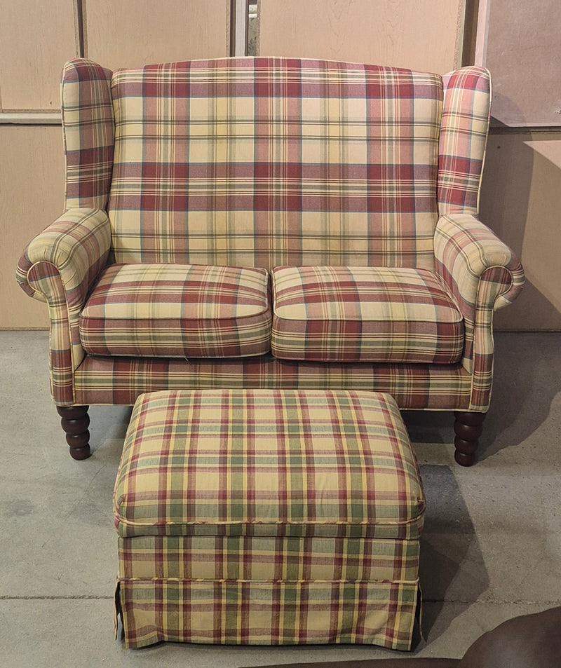Tartan Upholstered Loveseat and Ottoman