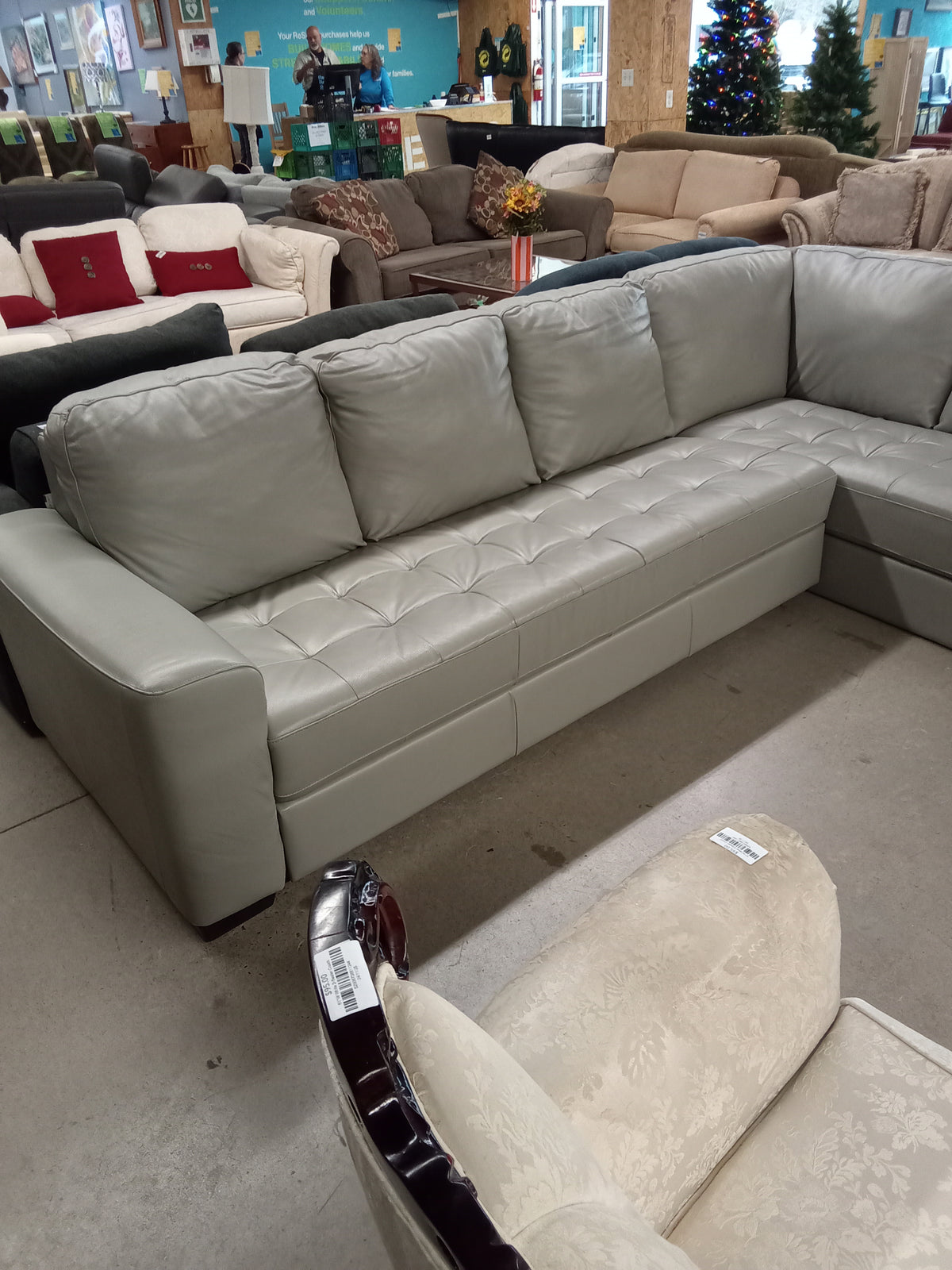 120"W 2-Piece Sectional Sofa in Gray Leather (No Legs)