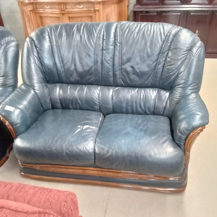 Navy Blue Leather Love Seat Sofa W/Curved Wood Trim #FC5