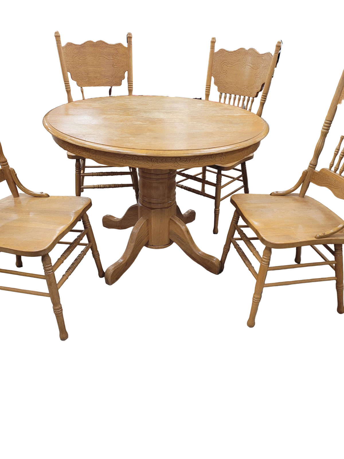 Round Pedestal Light Oak Table W/ Pressed Back Oak Chairs