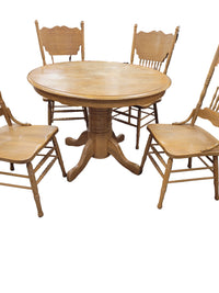Round Pedestal Light Oak Table W/ Pressed Back Oak Chairs
