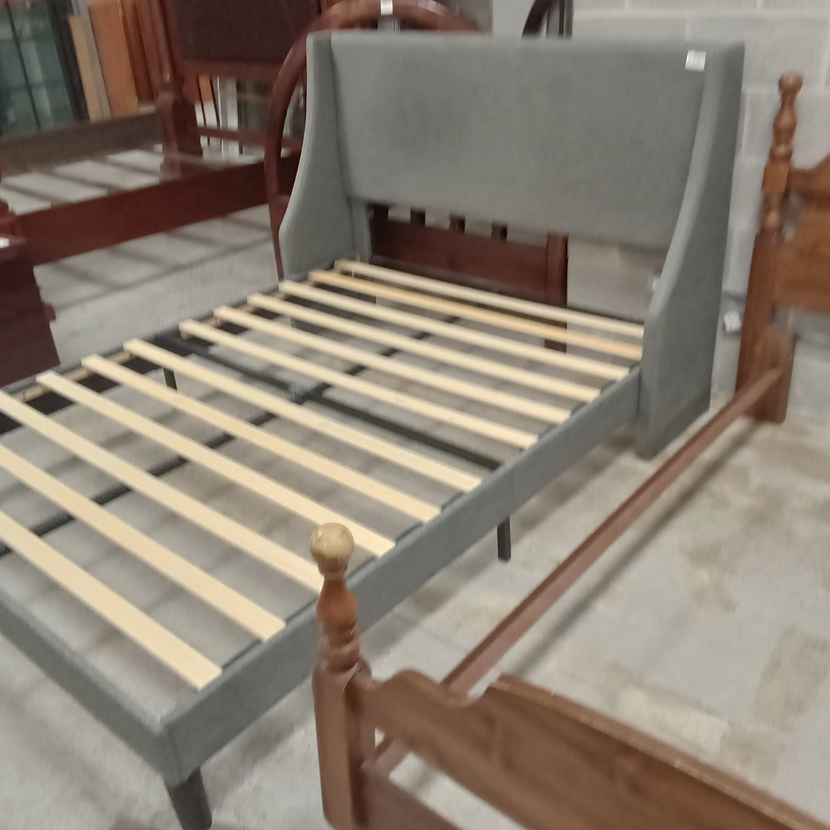 60"W Bed Frame with Gray Fabric Headboard - Queen