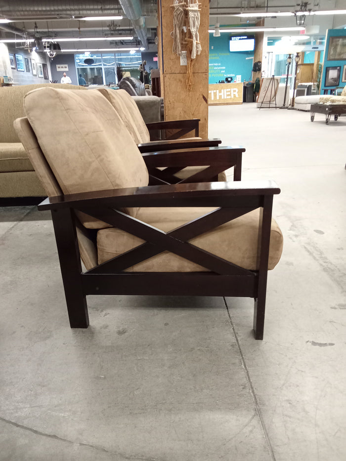 33"W Beige Suede-Style Armchair with Wooden Frame