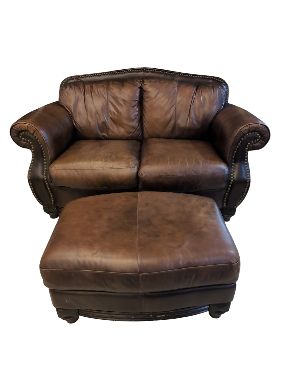 Leather Sofa w/ Nailhead Trim & Ottoman