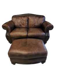 Leather Sofa w/ Nailhead Trim & Ottoman
