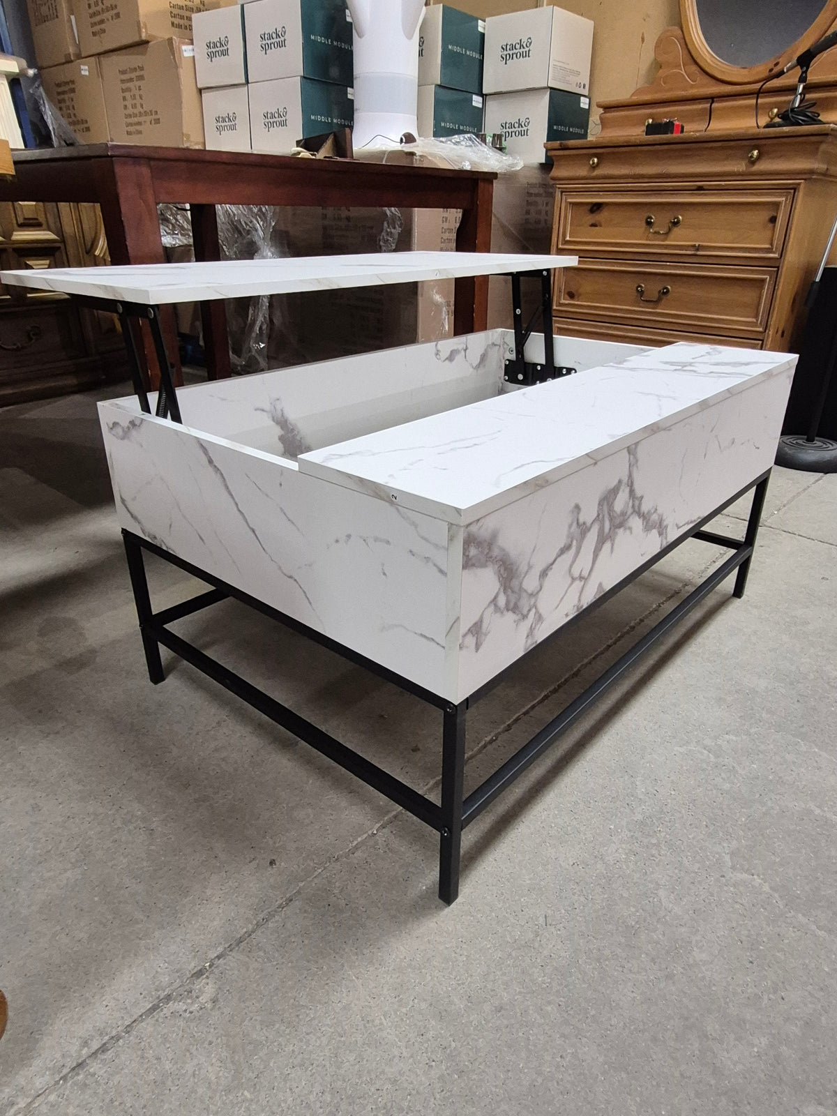 Lift Top Coffee Table w/ Hidden Storage Compartment Floating White Marble-Look