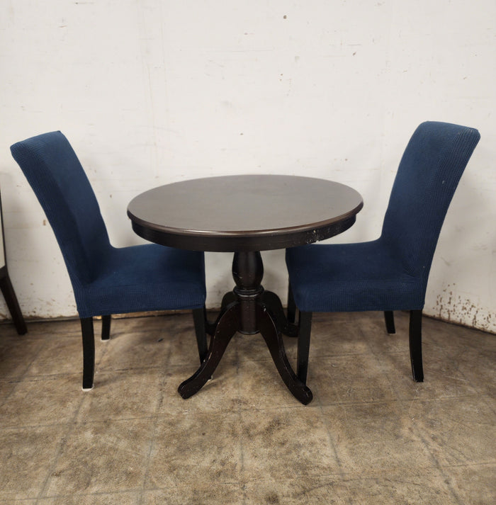 Dark Wood Dining Table with 2 Blue Chairs