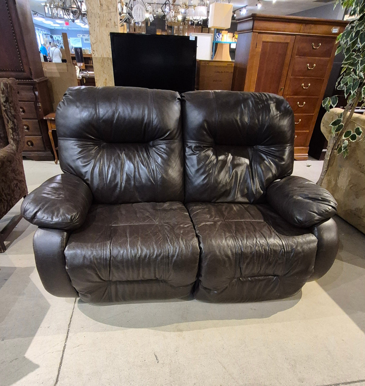 Brown Leather Manual Reclining Loveseat - - 1 side only reclines