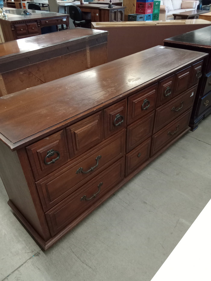 66"W 9-Drawer Vintage Wooden Dresser