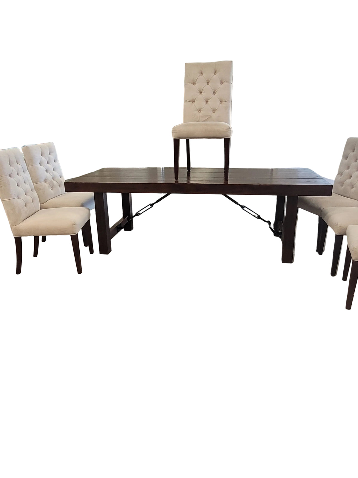 Farmhouse Dining Table W/ 6 Tufted Cream Chairs